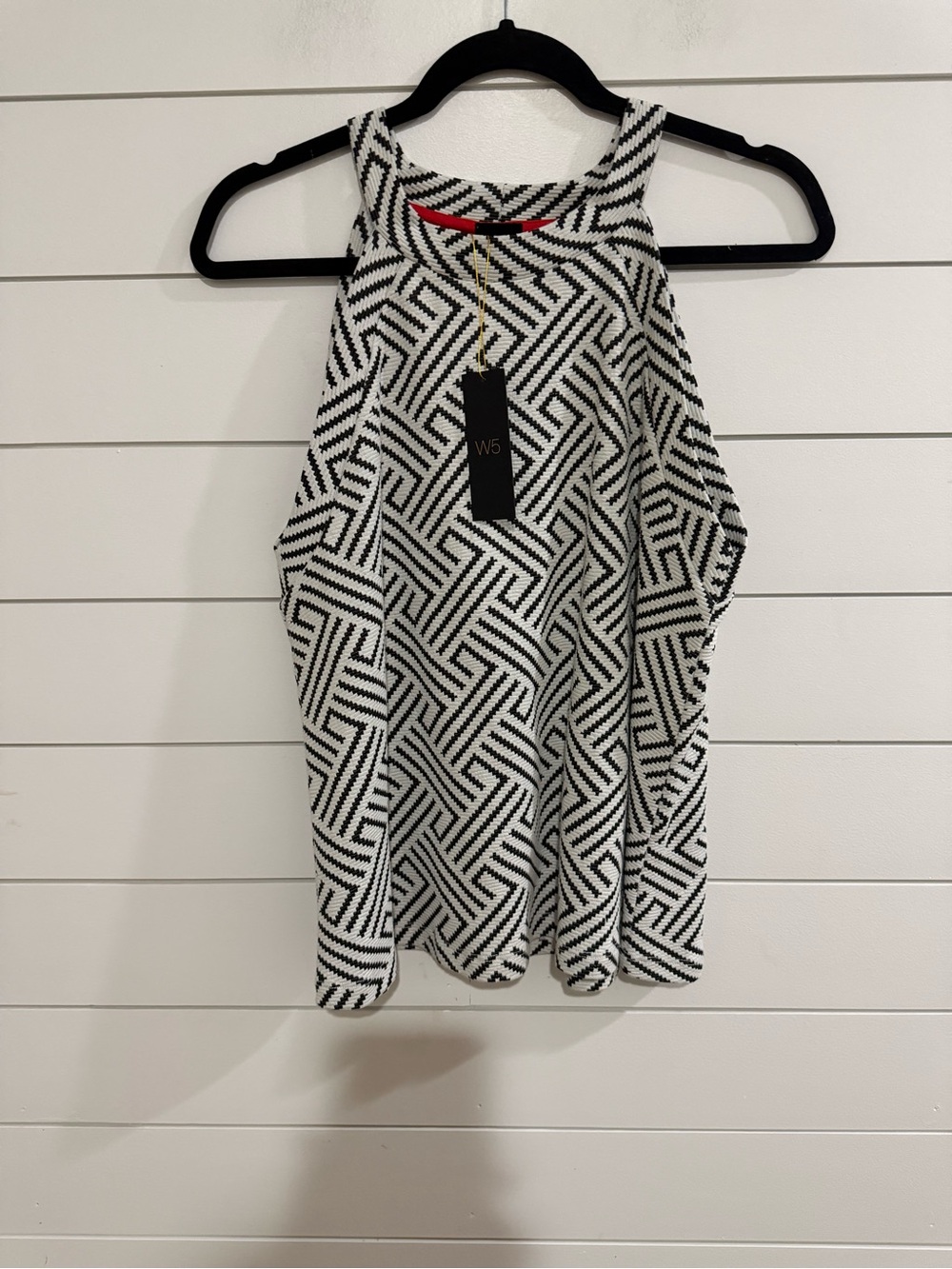 W5 Black and White Geometric Top with Red Trim